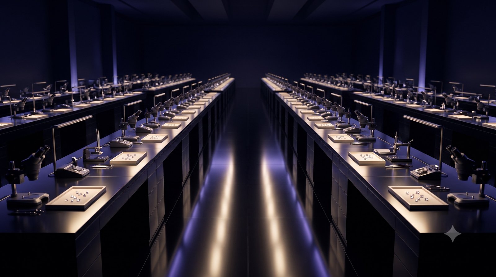 Rows of softly lit trays of gemstones in a premium gem laboratory